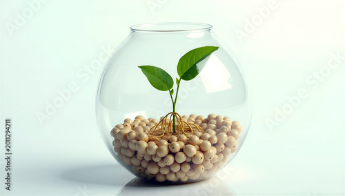 Young green plant growing inside glass bowl filled with beans, visible roots. Concept of growth, sustainability, ecology, organic life and development.