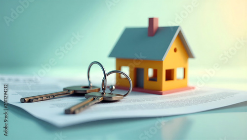 Miniature house with two keys on paper contract. Real estate concept of buying, selling, renting property and home ownership.