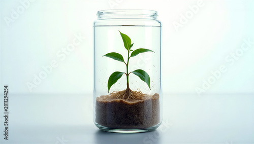 Green plant growing in glass jar with sand and visible root system. Concept of biology, plant growth, ecology and natural processes.