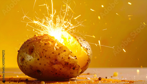 Exploding Potato with Sparks and Yellow Background.