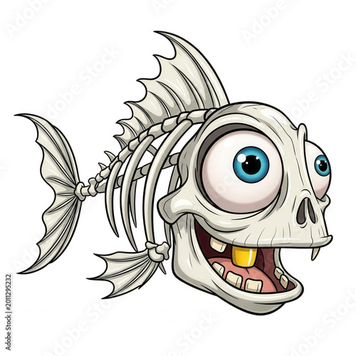 Cartoon of a skeletal fish with a large skull, bulging blue eyes, and a single gold tooth, isolated on a black background