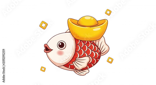 Cartoon of a cute red and white koi fish carrying a shiny golden chinese ingot on its back, isolated on a black background