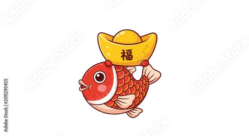 Cartoon red koi fish character carrying a golden chinese sycee ingot with the character for fortune on a black background