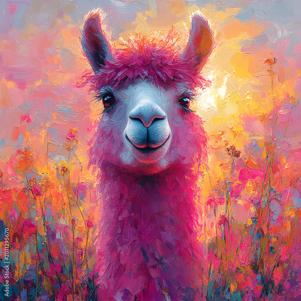Obraz premium Colorful artistic painting of a llama or alpaca with vibrant flowers in the background for creative design