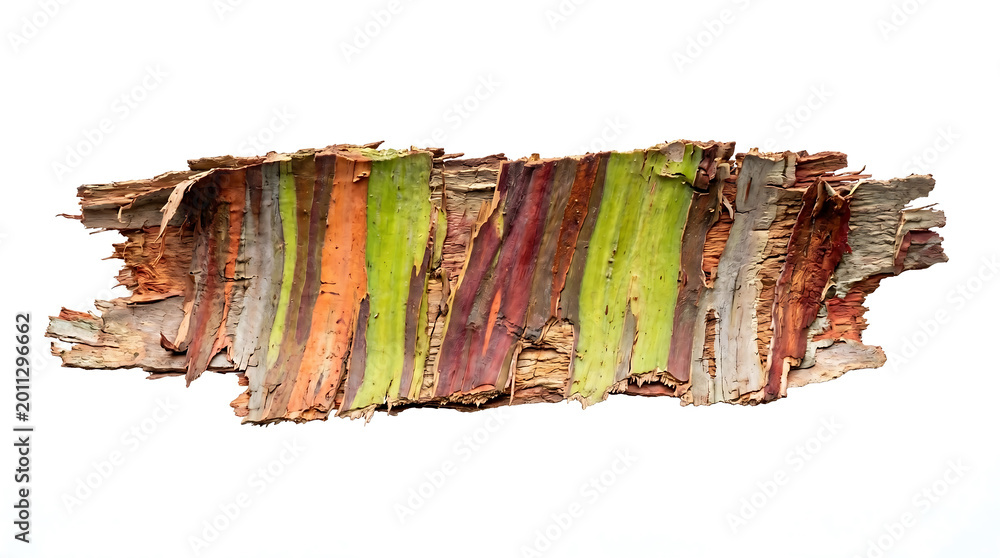 Fototapeta premium Vibrant Rainbow Eucalyptus Bark Fragment Isolated on White Background - Multicolored Eucalyptus Deglupta Peeling Tree Texture with Natural Vertical Stripes for Botanical Design