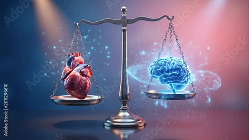 Conceptual animation of a heart and brain on a scale, symbolizing the difficult choice between emotion and logic, love and rationality, or instinct and intellect in decision making