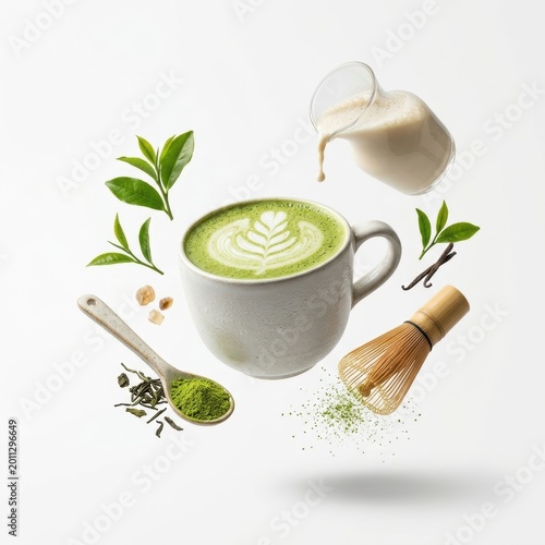 Matcha latte with ingredients scattered on white background