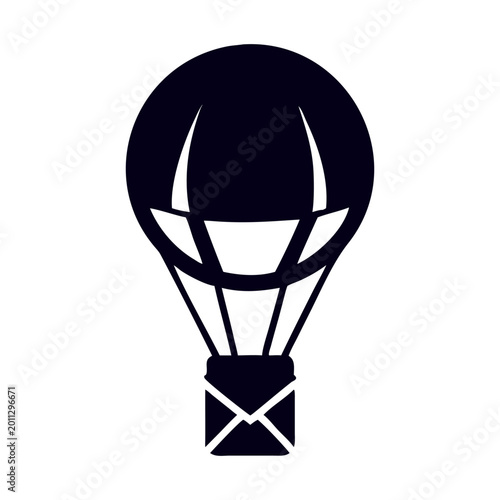 Minimalist hot air balloon mail icon vector, black envelope delivery symbol, airmail shipping and logistics concept