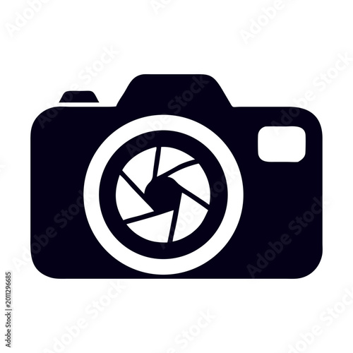 Minimalist camera icon vector, black digital SLR photography symbol, professional photo studio logo on white background