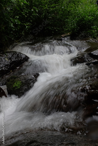 beautiful waterfall with trees and coral. water flows over dark, rugged stones, rocks creating staircase effect. The scene is serene natural landscape.