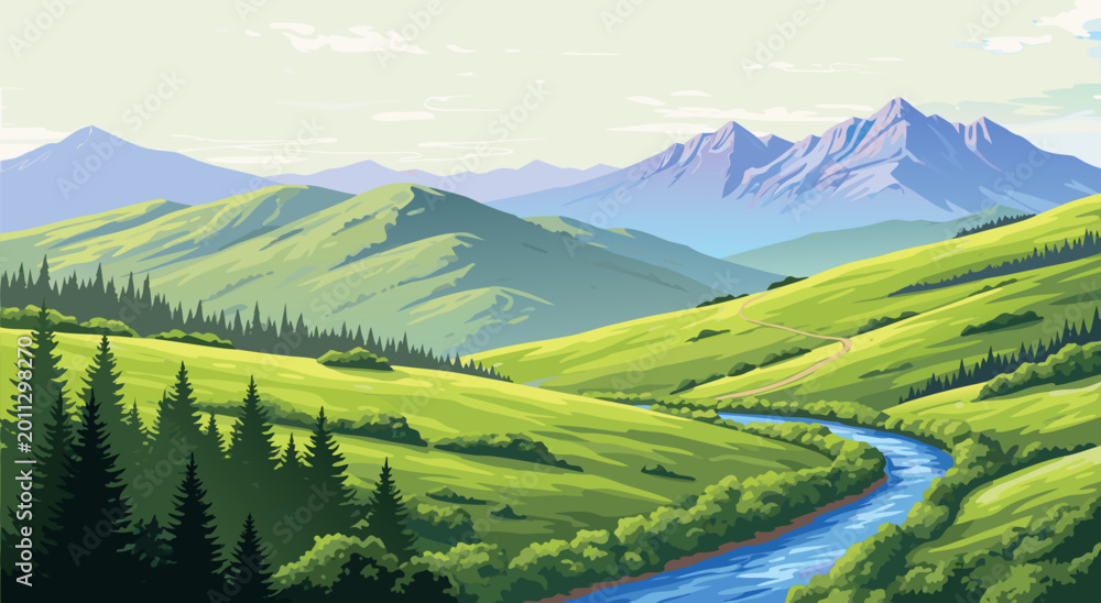 Obraz premium Serene landscape view of rolling green hills and mountains with a winding river vector illustration.