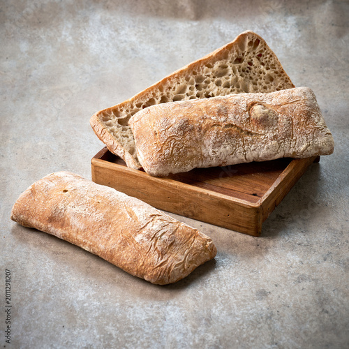 Cuadro en lienzo Sliced Rustic Artisan French Bakery Baked Goods Ciabatta Bread Revealing Porous