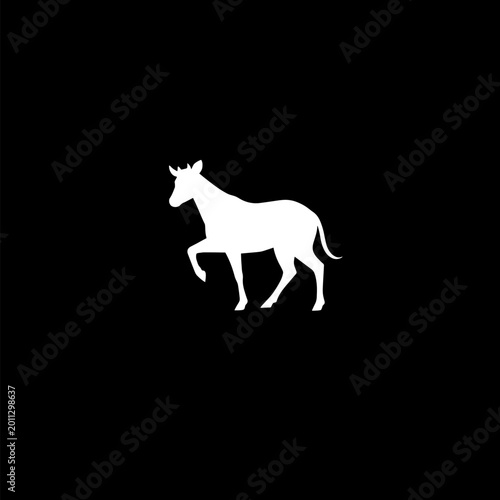 White silhouette of a horse-like animal against a black background, simple vector design.