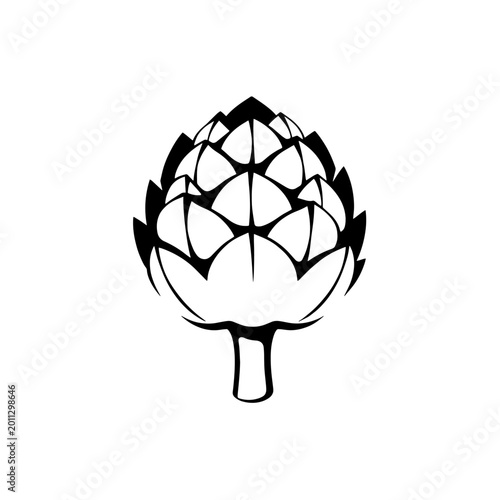 Intricate black and white line art illustration of a detailed artichoke vegetable on white background