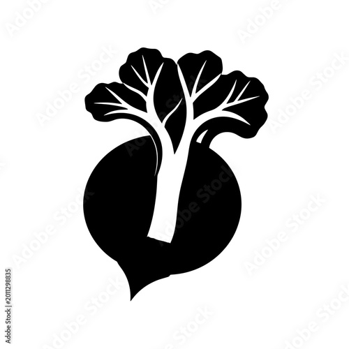 Simple black and white illustration of a beetroot with its leafy green top isolated on white background