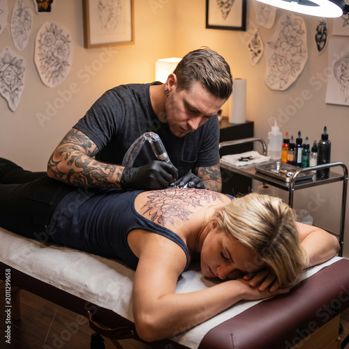 Tattoo Artist Tattooing Blonde Woman’s Back