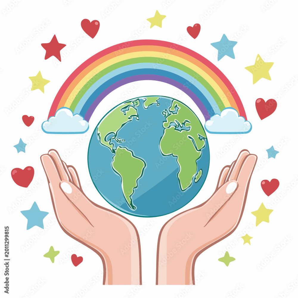 Fototapeta premium Hands Holding Earth Under Rainbow with Stars and Hearts