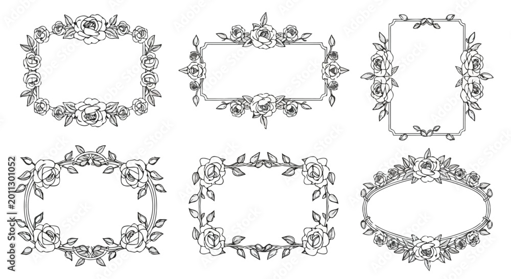 Obraz premium Set of six floral frames with various shapes and designs on a white background for decorative use.