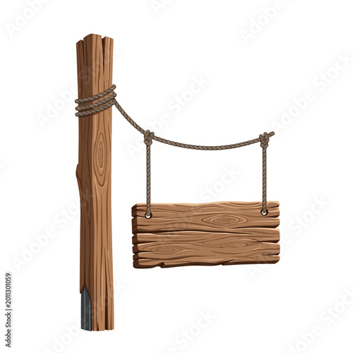 Rustic wooden signpost hanging by rope isolated on white background