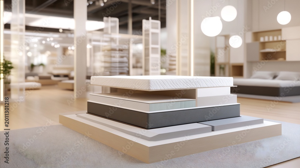 Fototapeta premium Stacked Foam Mattresses in Modern Furniture Store