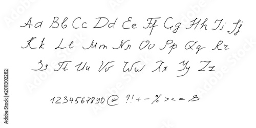 Handwriting English alphabet, script font.