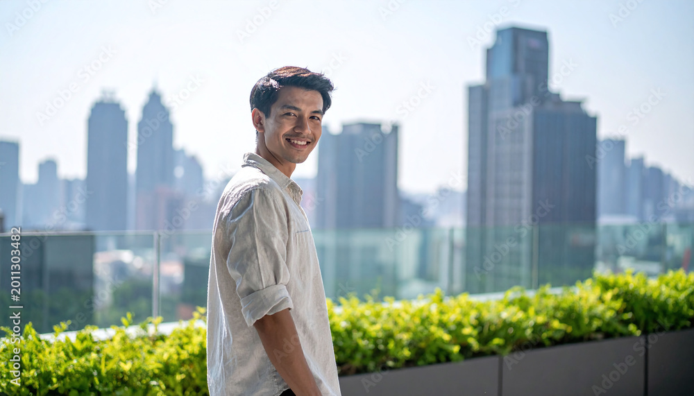 Obraz premium Portrait of a confident young man smiling on a sunlit rooftop terrace with a blurred city skyline. Perfect for representing modern urban lifestyle, success, and professional growth.