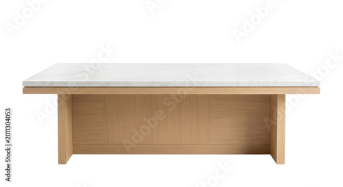 Large white marble dining table with oak base