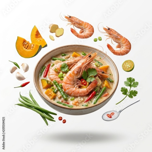 Shrimp curry with pumpkin and green beans in a bowl