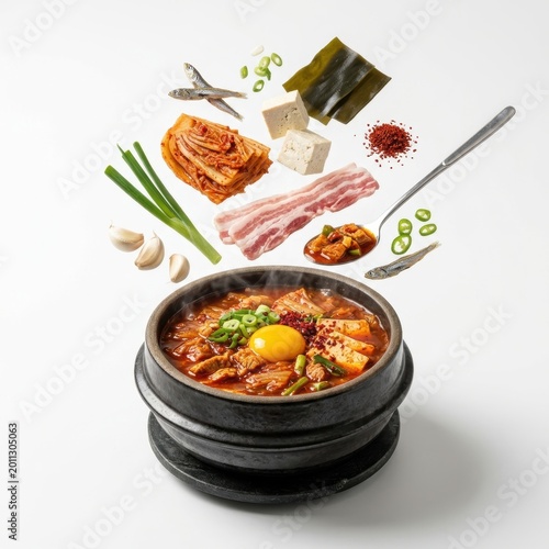 Korean kimchi stew with pork, tofu, and fresh ingredients
