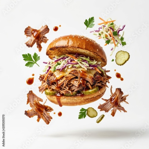 Gourmet pulled pork sandwich with coleslaw and pickles