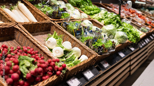 Photos Fresh vegetables display in supermarket grocery store produce section healthy fo
