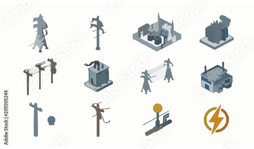 Canvastavla Isometric power grid and electricity infrastructure icons set with transformer s