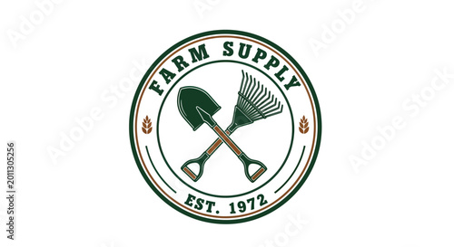 Vintage Farm Supply Logo with Crossed Shovel and Rake.