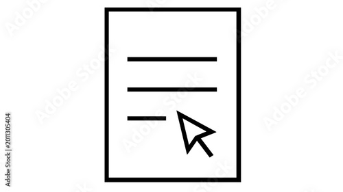 Minimalist vector icon illustration of a digital document or form with horizontal text lines and a mouse cursor pointer, representing online registration, data entry, or electronic filing.