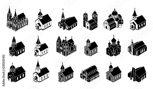 Tableau sur toile Isometric church silhouettes vector icons set featuring christian chapels cathed