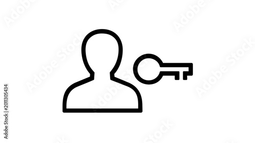 Identity management and user authentication vector icon illustration featuring a clean black line art silhouette of a person next to a key symbol for security, access control, and privacy.