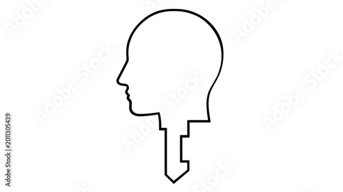 Identity management vector icon illustration featuring a minimalist line art profile of a human head integrated with a key shape, symbolizing security, access control, and digital privacy.
