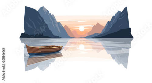 Foto Small wooden boat on calm water.