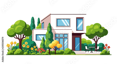 Photos Modern house with garden and trees.