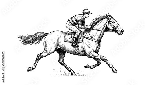 Schilderij op canvas Detailed horse racing jockey riding purebred galloping stallion hand drawn sketc