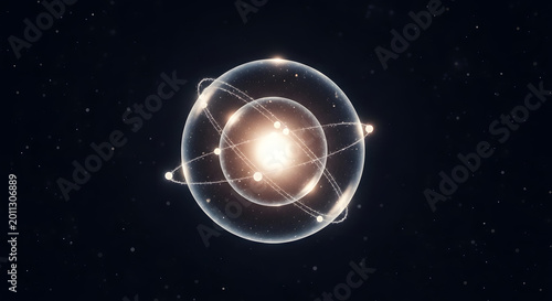 Abstract 3d illustration of an atom with glowing nucleus and electrons