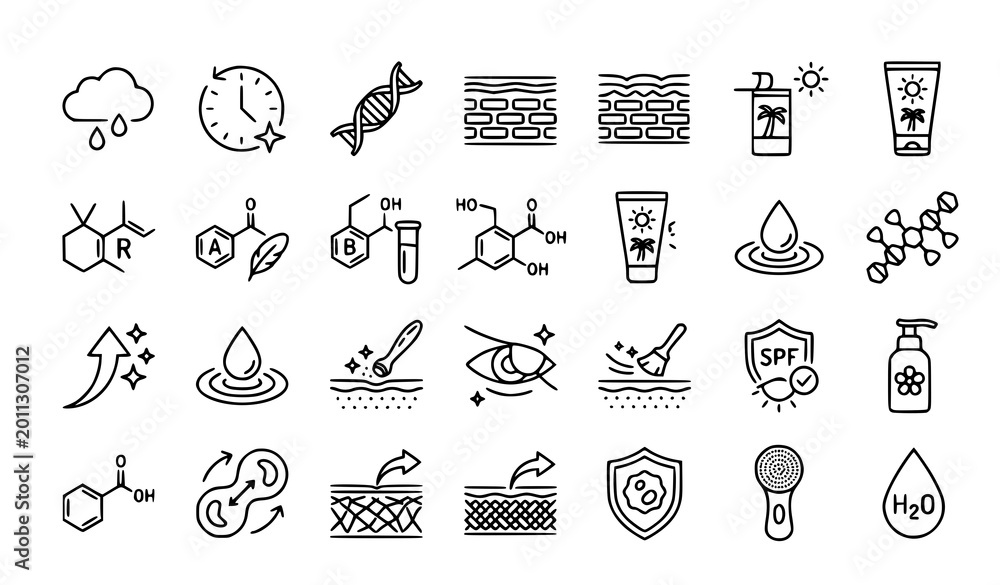 Fototapeta premium Skincare science line icon set featuring dermal layers chemical formulas retinol vitamins spf protection and anti aging beauty routine elements