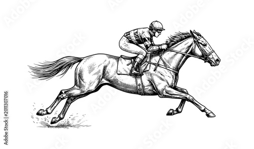 Foto Horse racing jockey riding thoroughbred stallion hand drawn sketch vector illust