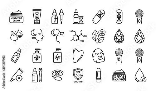 Foto Skincare routine line icon set featuring moisturizing cream serum droppers gua s