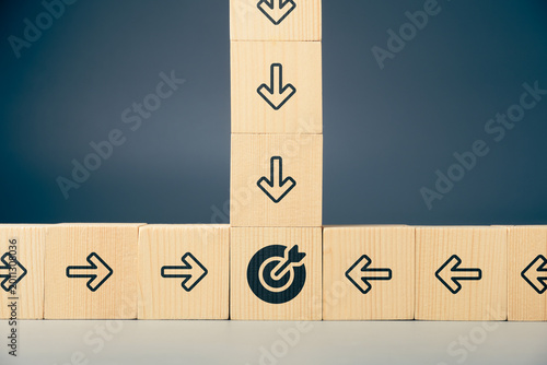 Foto Wooden blocks with arrows moving from multiple directions toward a central targe