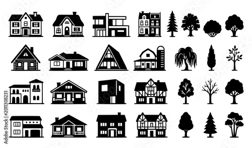 Schilderij op canvas House Buildings and Tree Silhouette Icon Set Featuring Residential Architecture