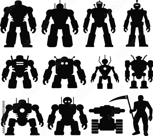 Set of black robot silhouettes in various styles, futuristic mechanical droid and cyborg icons isolated on white background