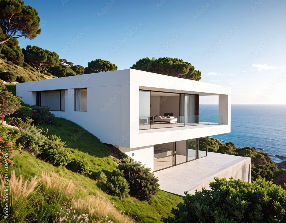 Fototapeta premium Modern minimalist white villa overlooking the ocean. Sleek geometric architecture on a green hillside evokes luxury and serenity. Ideal for real estate, travel, and highend lifestyle media.