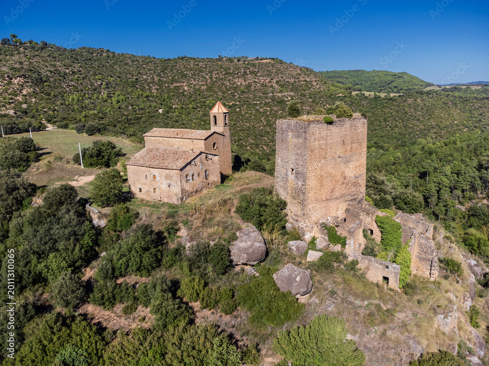 Fototapeta premium Castle of Riner, S. XII – XIII. and church of Sant Martí de Riner, from the 18th century, Riera de Cardona (Riu Negre), Solsones, Catalonia, Spain