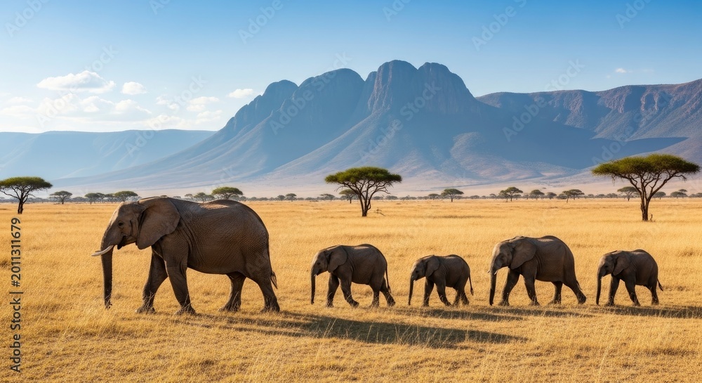 Fototapeta premium Elephant Family Walking on African Savannah